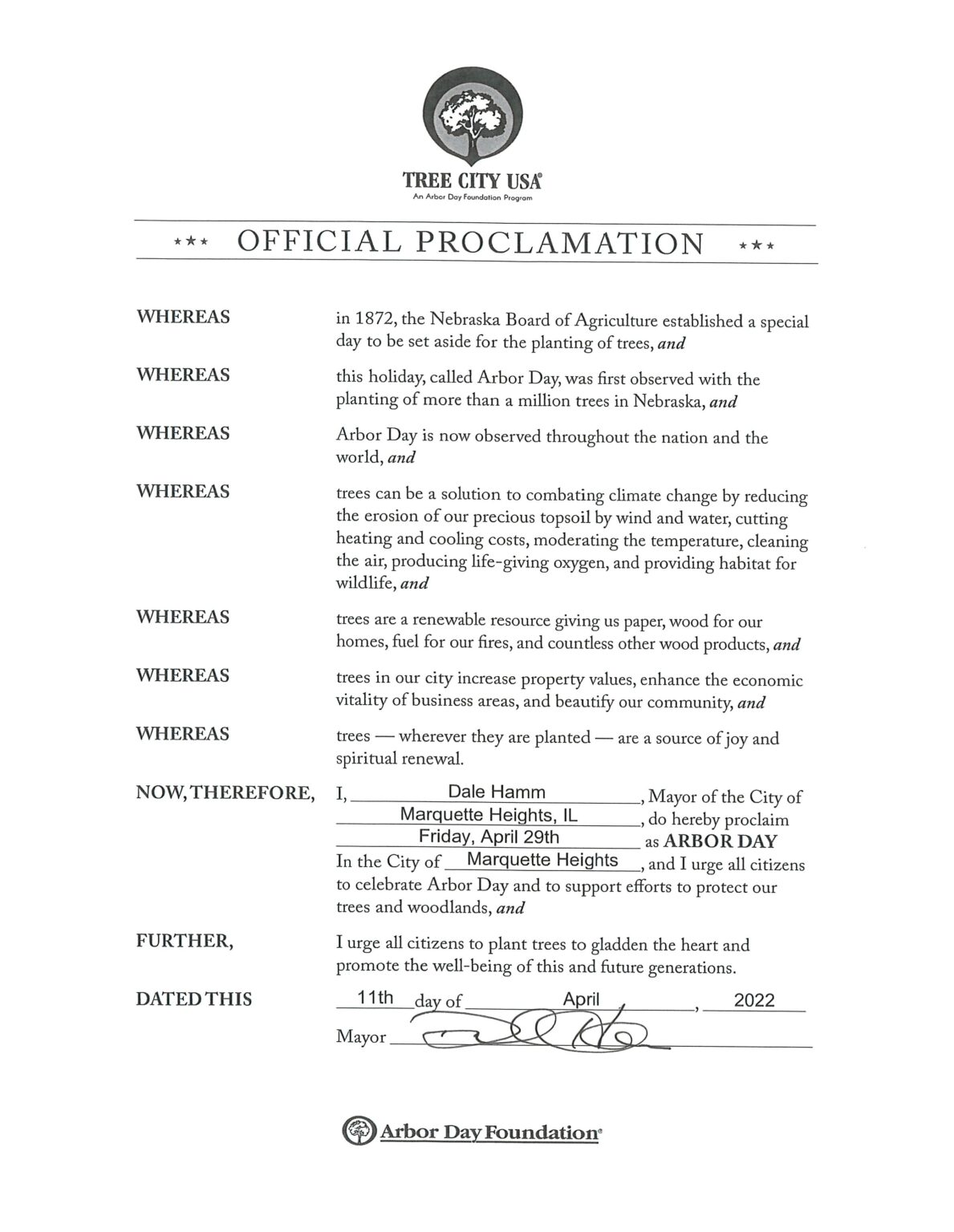 Arbor Day Proclamation City of Marquette Heights